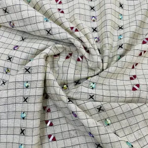 Exclusive Off White & Pink Check With Mirror Sequins Embroidery Cotton Fabric