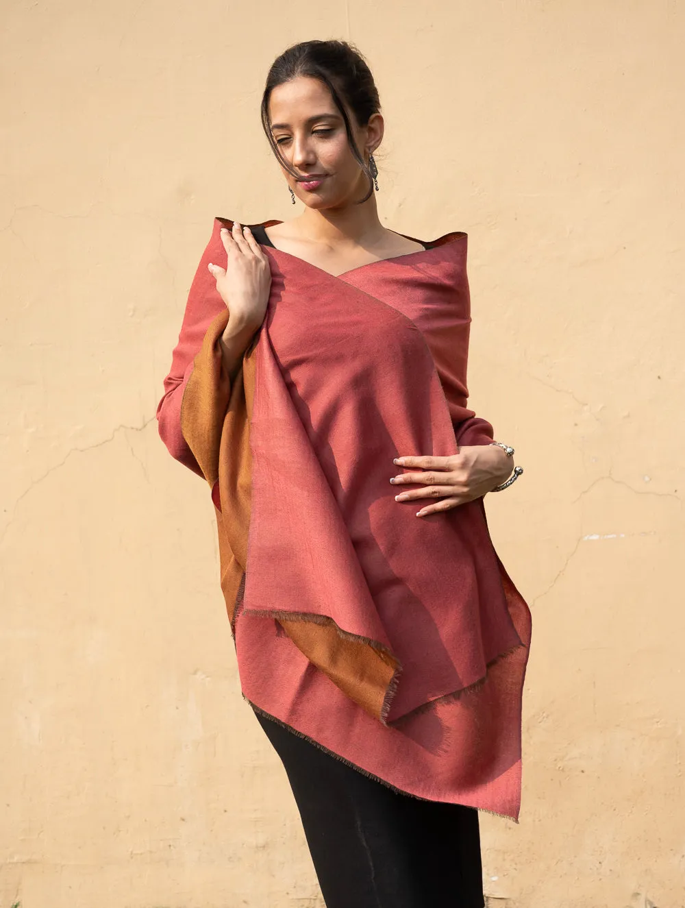 Exclusive Reversible Soft Kashmiri Wool Stole - Pale Orange & Dark Peach