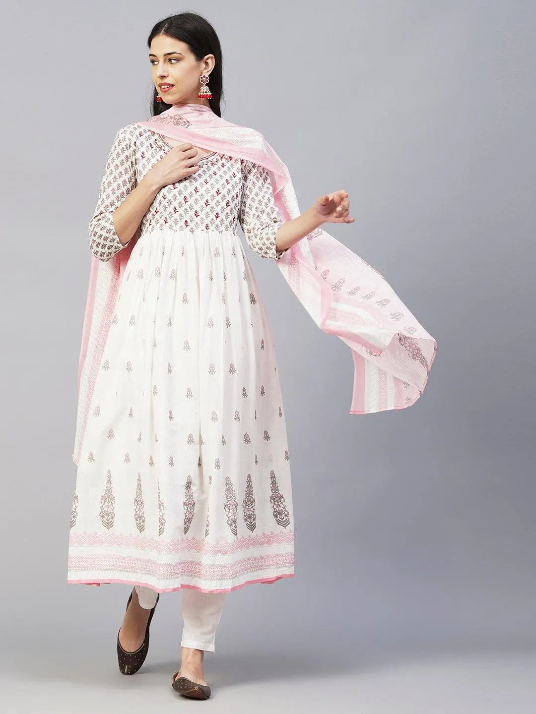 Floral Block Printed Mirror Embroidered Frock kurta with Pants & Dupatta - White & Pink