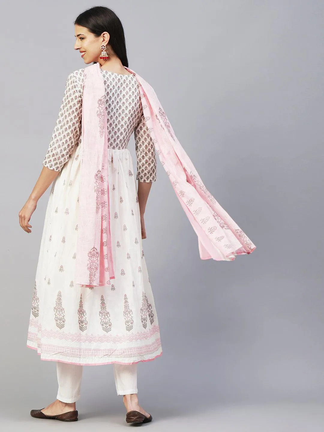 Floral Block Printed Mirror Embroidered Frock kurta with Pants & Dupatta - White & Pink