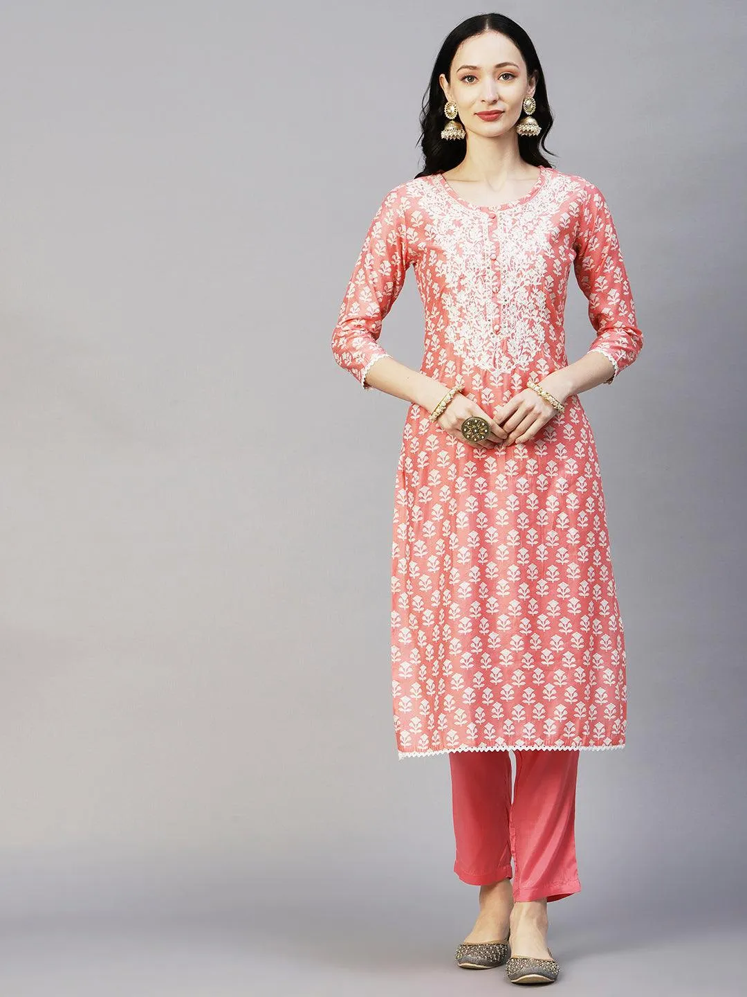 Floral Printed Resham Aari Embroidered Kurta With Pants & Printed Dupatta - Peach