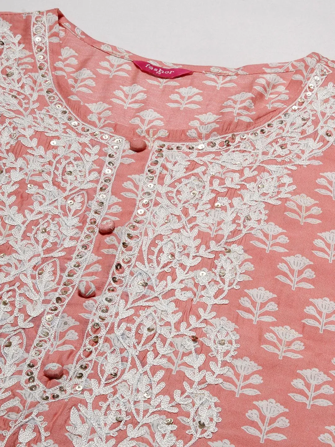 Floral Printed Resham Aari Embroidered Kurta With Pants & Printed Dupatta - Peach