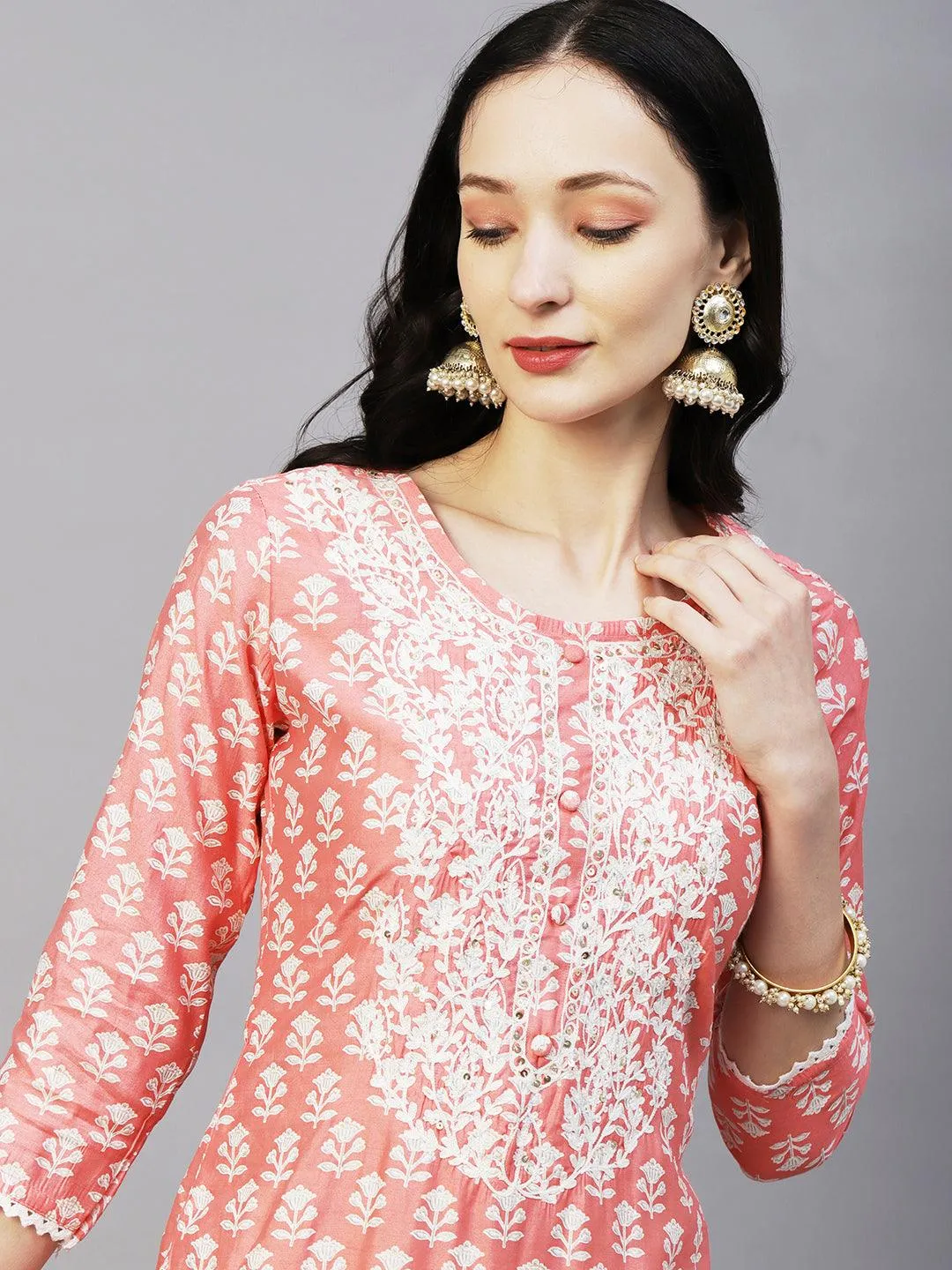 Floral Printed Resham Aari Embroidered Kurta With Pants & Printed Dupatta - Peach