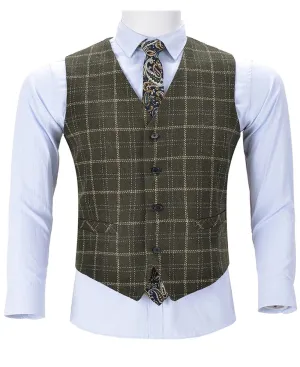 Formal Slim Fit Suit Vest Army Green Plaid V Neck Waistcoat