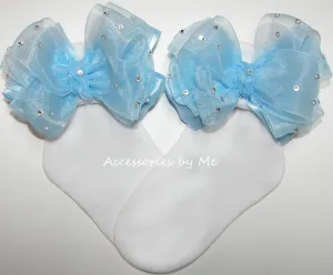 Glitzy Light Blue Organza Satin Bow Socks