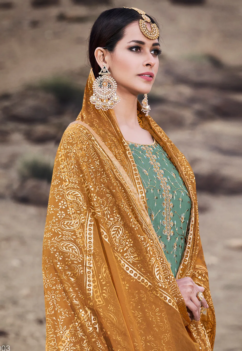 Green And Yellow Embroidered Palazzo Suit