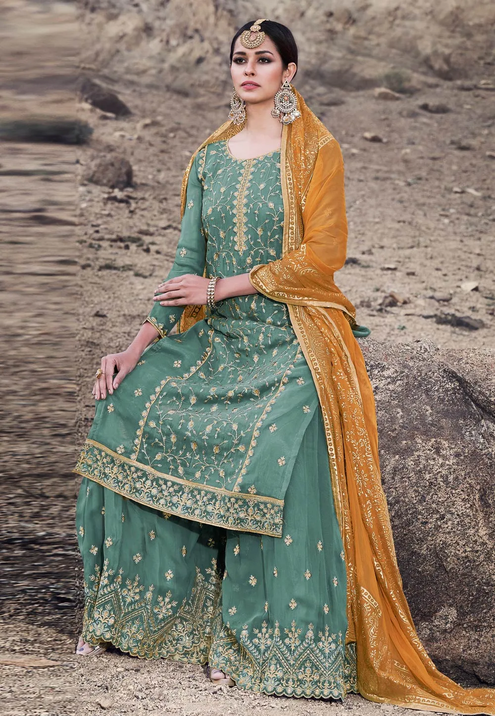 Green And Yellow Embroidered Palazzo Suit