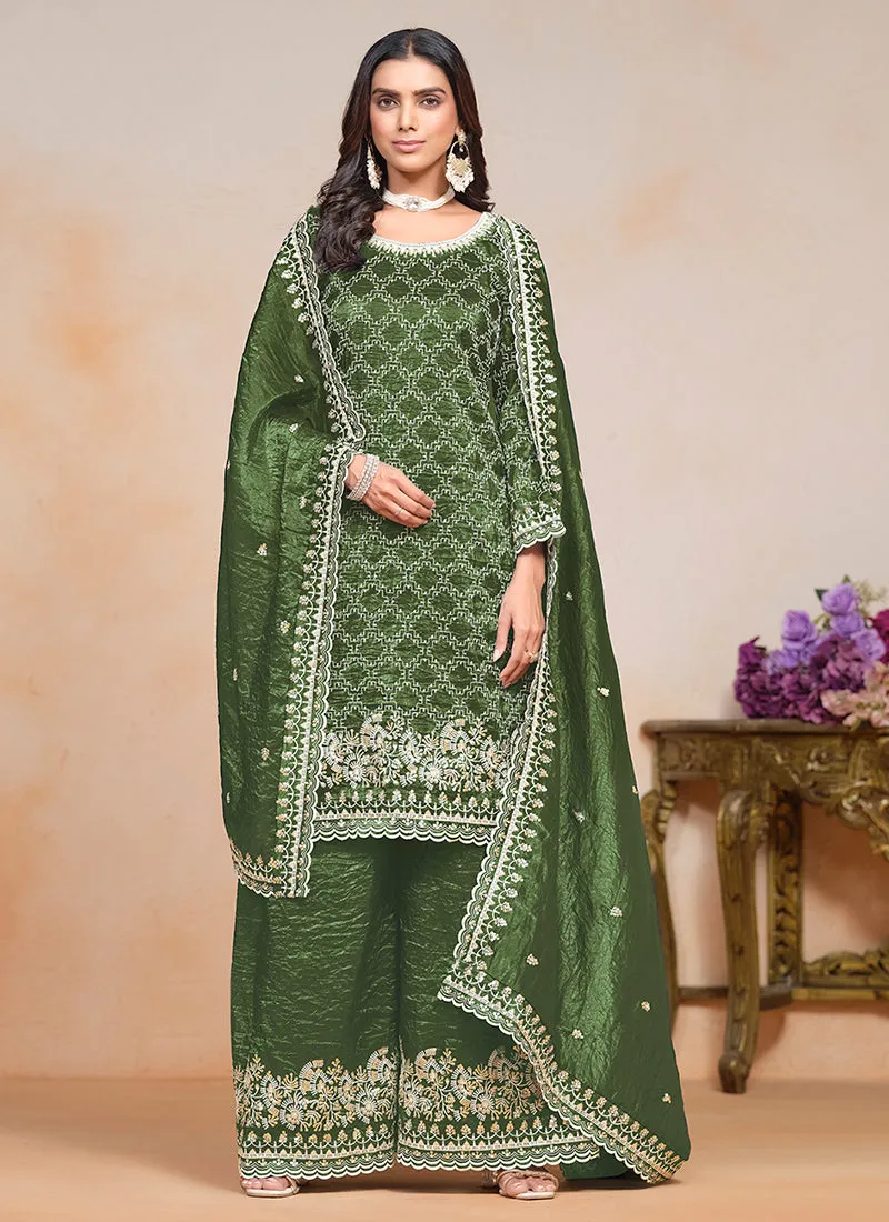 Green Embroidered Traditional Palazzo Suit