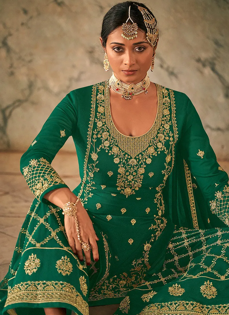 Green Georgette Embroidered Palazzo Suit