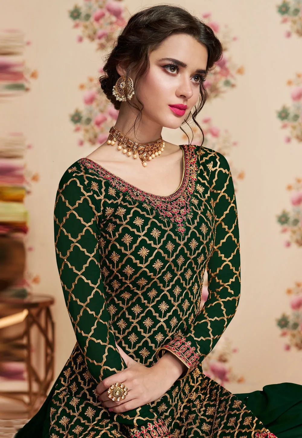 Green Overall Embroidered Gharara Palazzo Suit