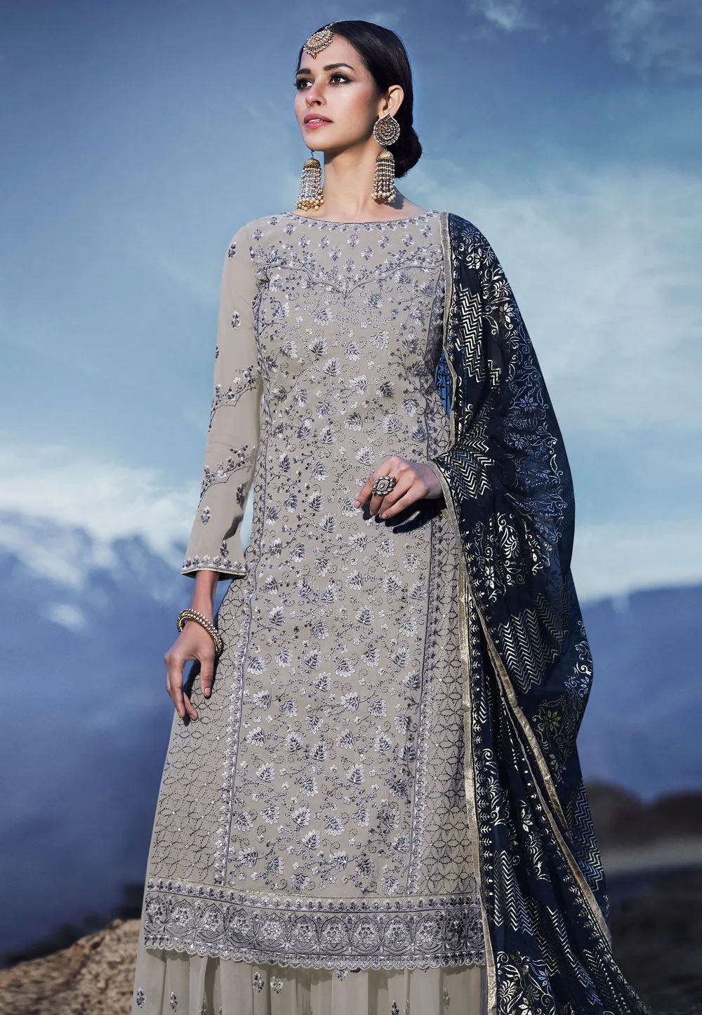 Grey And Blue Embroidered Palazzo Suit