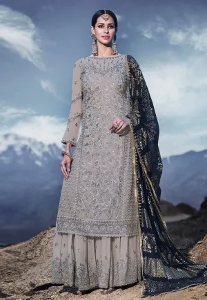 Grey And Blue Embroidered Palazzo Suit