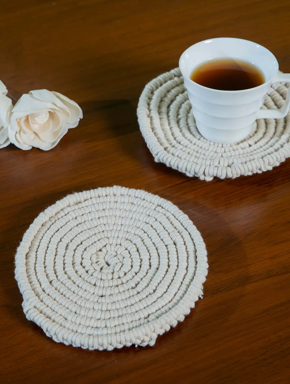 Handknotted Macramé Coaster Sets (Set of 2) - Off- White