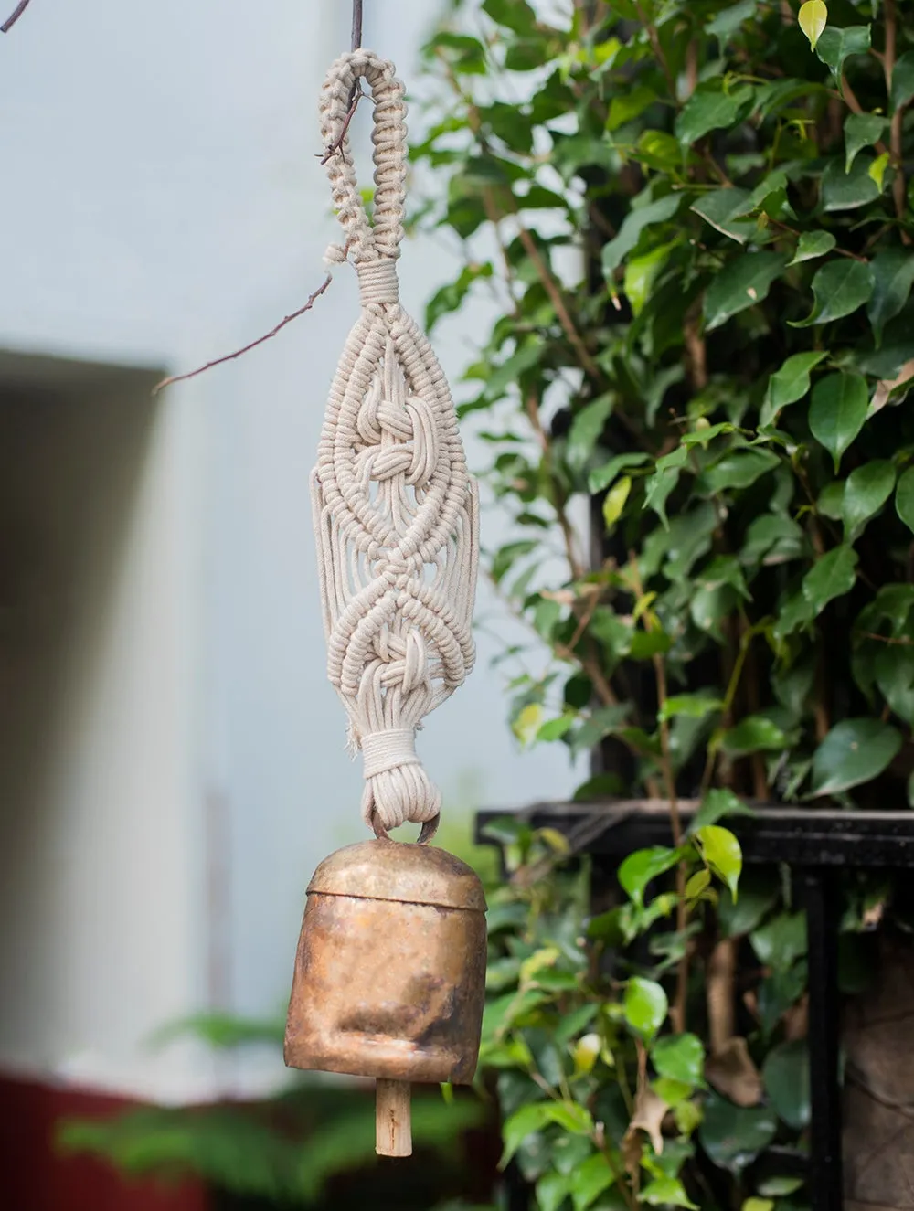 Handknotted Macramé Hanging Copper Bells Dia 3" - Off - White (17")