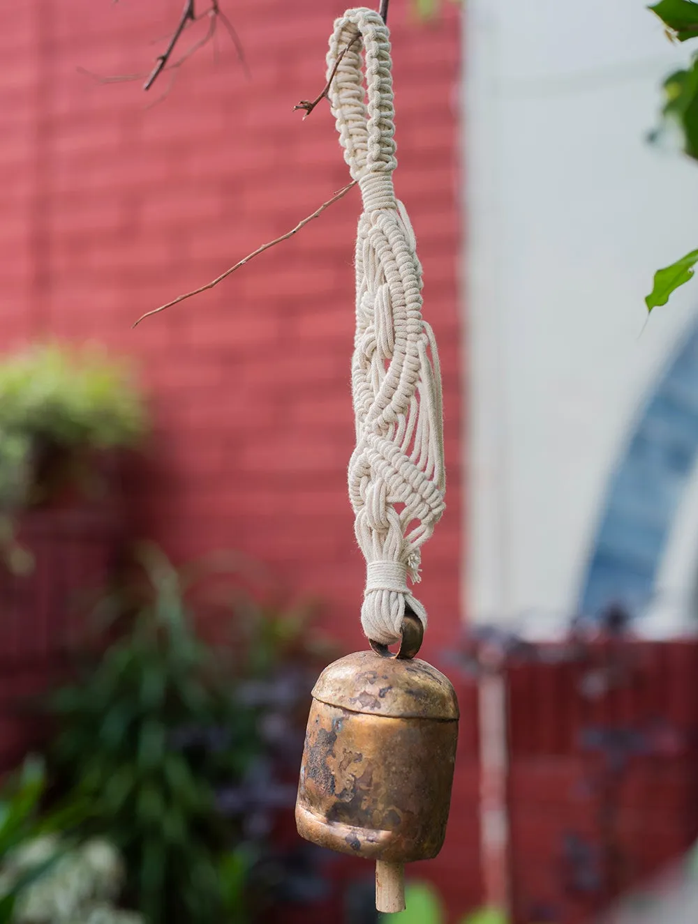 Handknotted Macramé Hanging Copper Bells Dia 3" - Off - White (17")