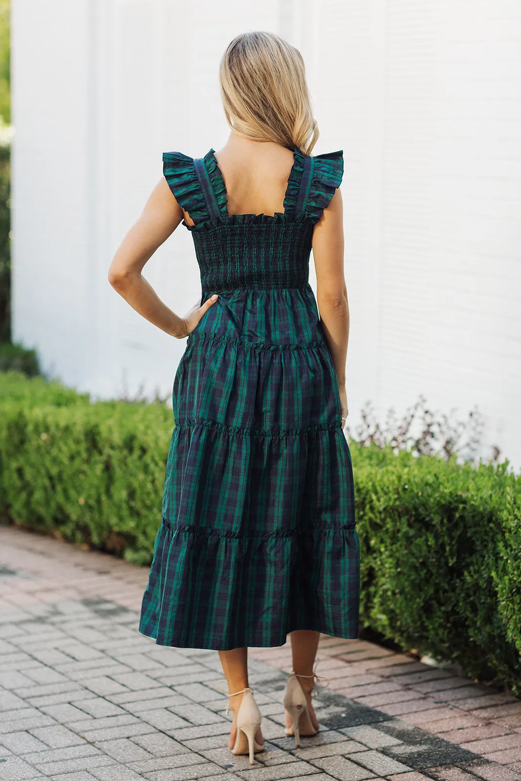 J. Marie Joy Ruffle Strap Midi Dress - Hunter Green Gingham