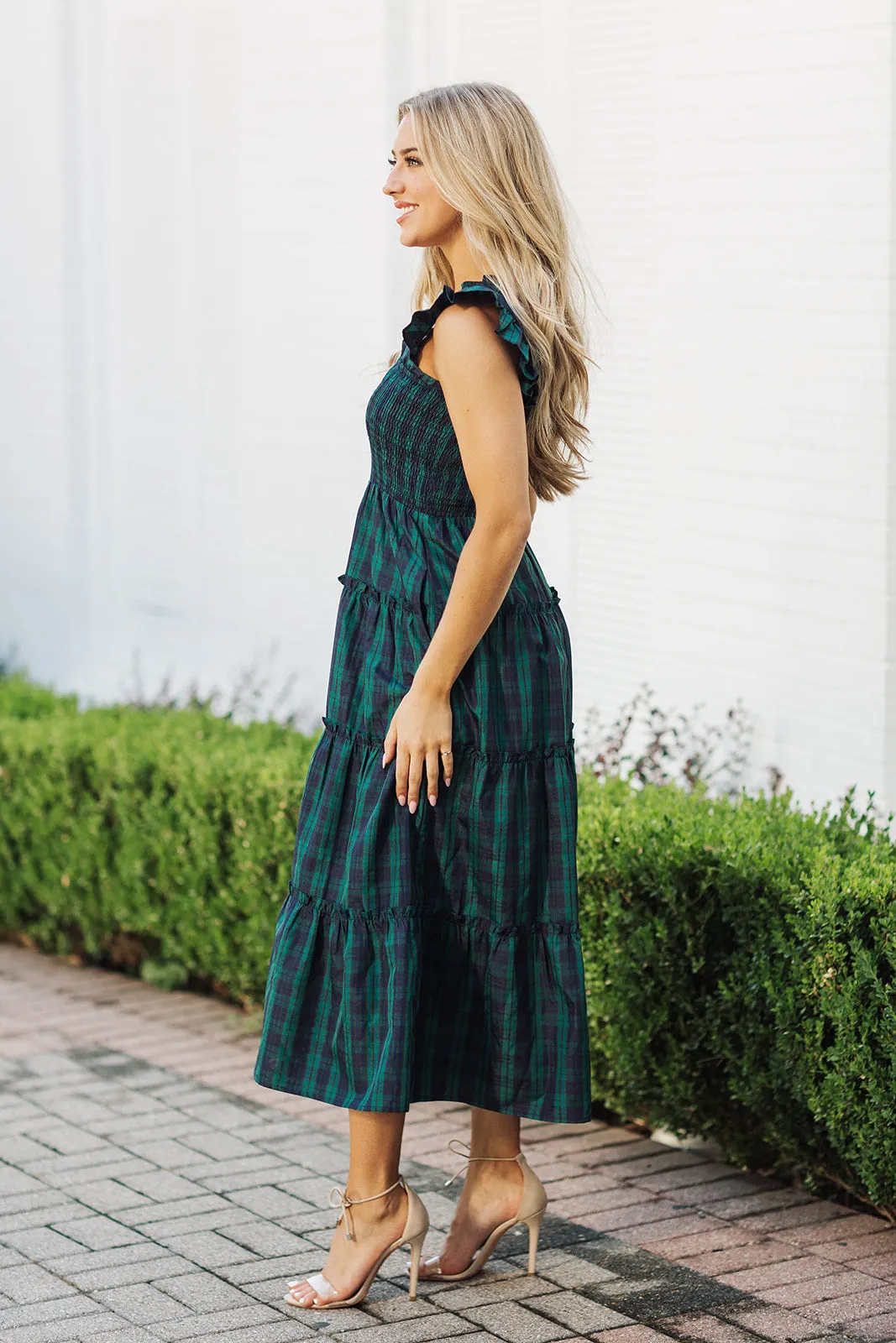 J. Marie Joy Ruffle Strap Midi Dress - Hunter Green Gingham