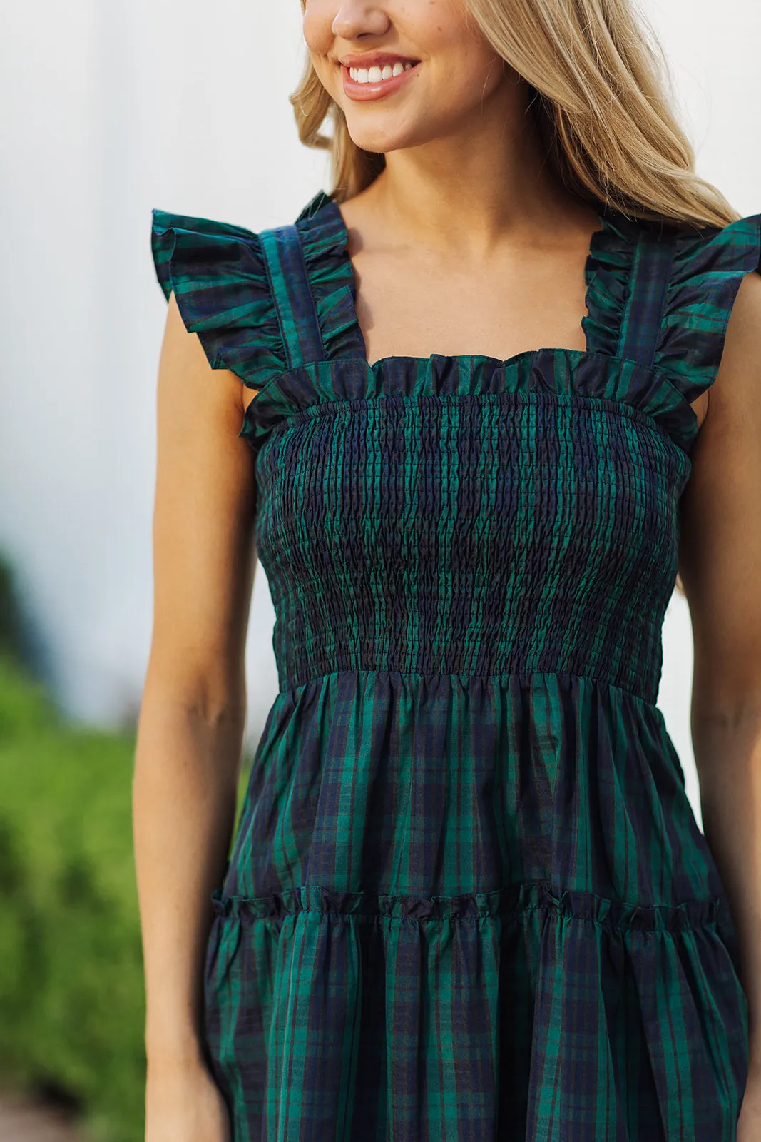 J. Marie Joy Ruffle Strap Midi Dress - Hunter Green Gingham