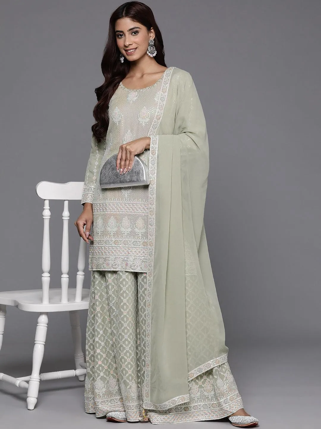 Jashvi Art Green Self Design Georgette Straight Suit With Dupatta