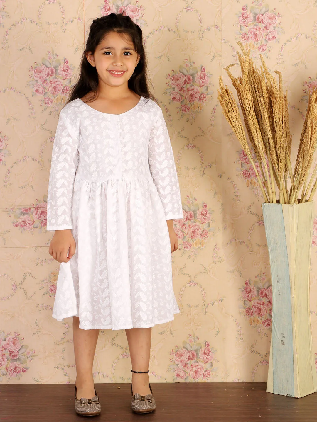 Jashvi Girl's White Pure Cotton Chikankari Kurta