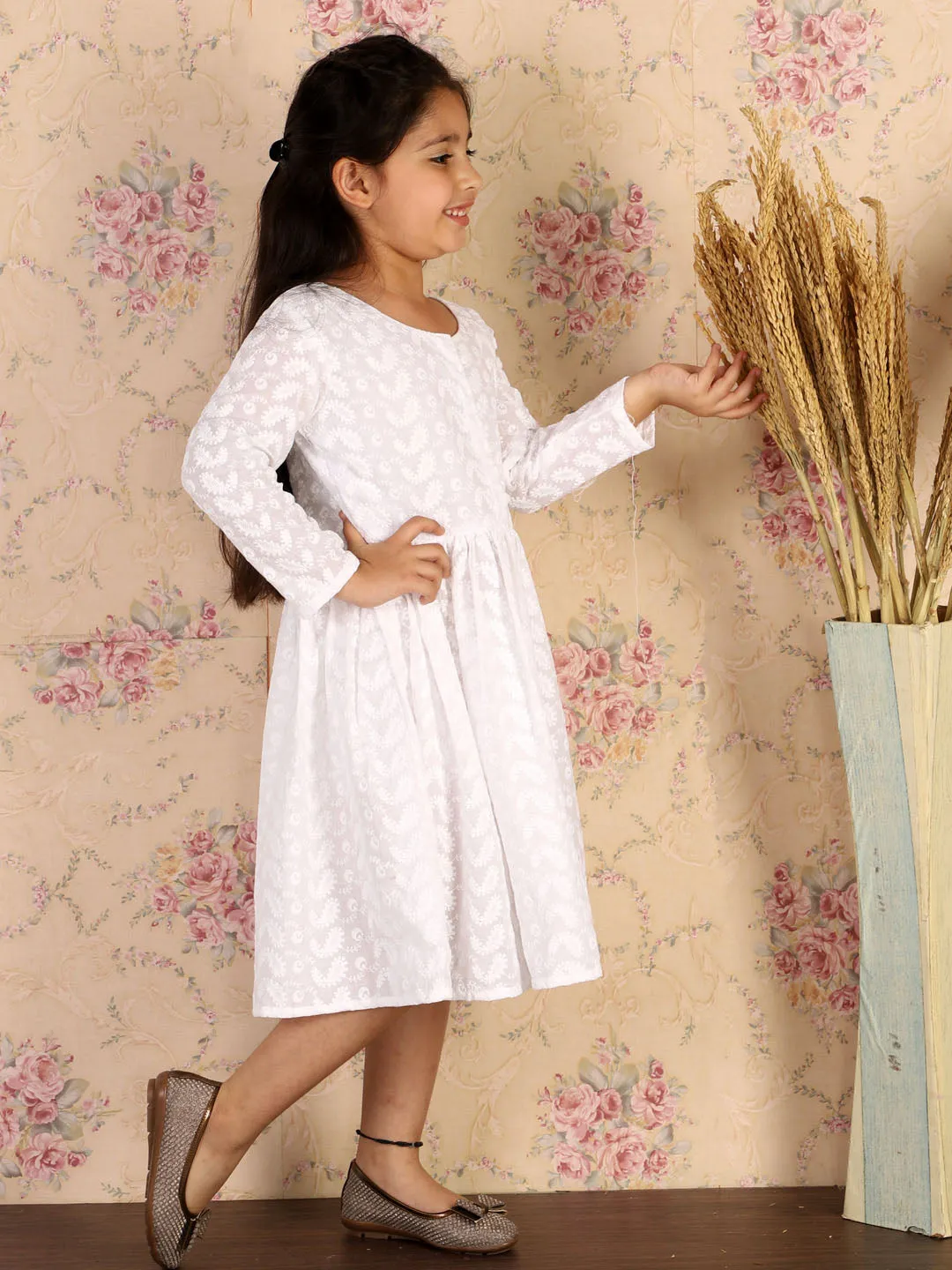 Jashvi Girl's White Pure Cotton Chikankari Kurta