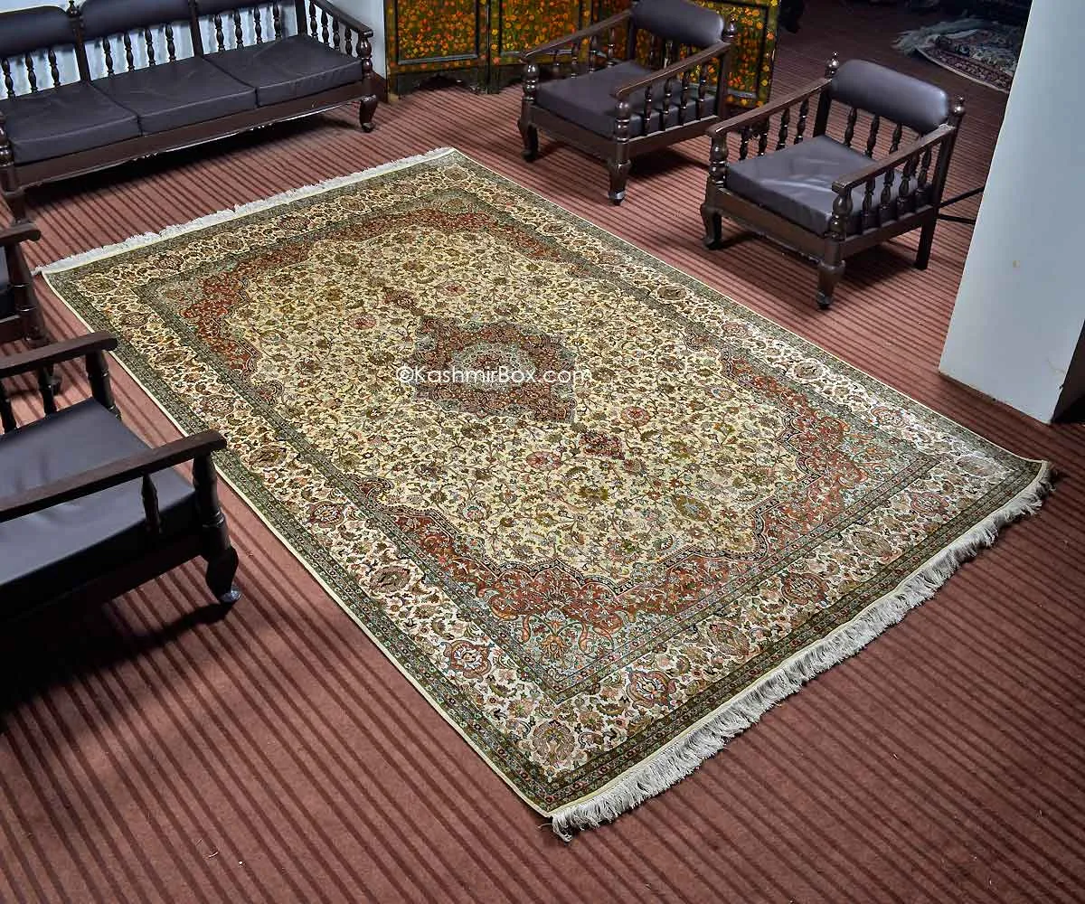 Kashmiri White Kashan Silk Carpet