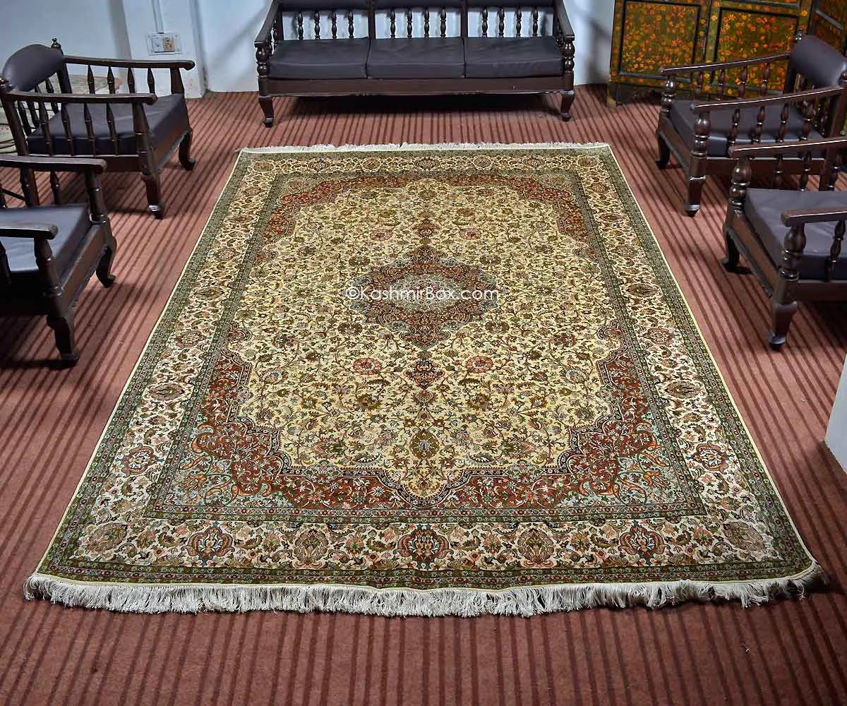 Kashmiri White Kashan Silk Carpet