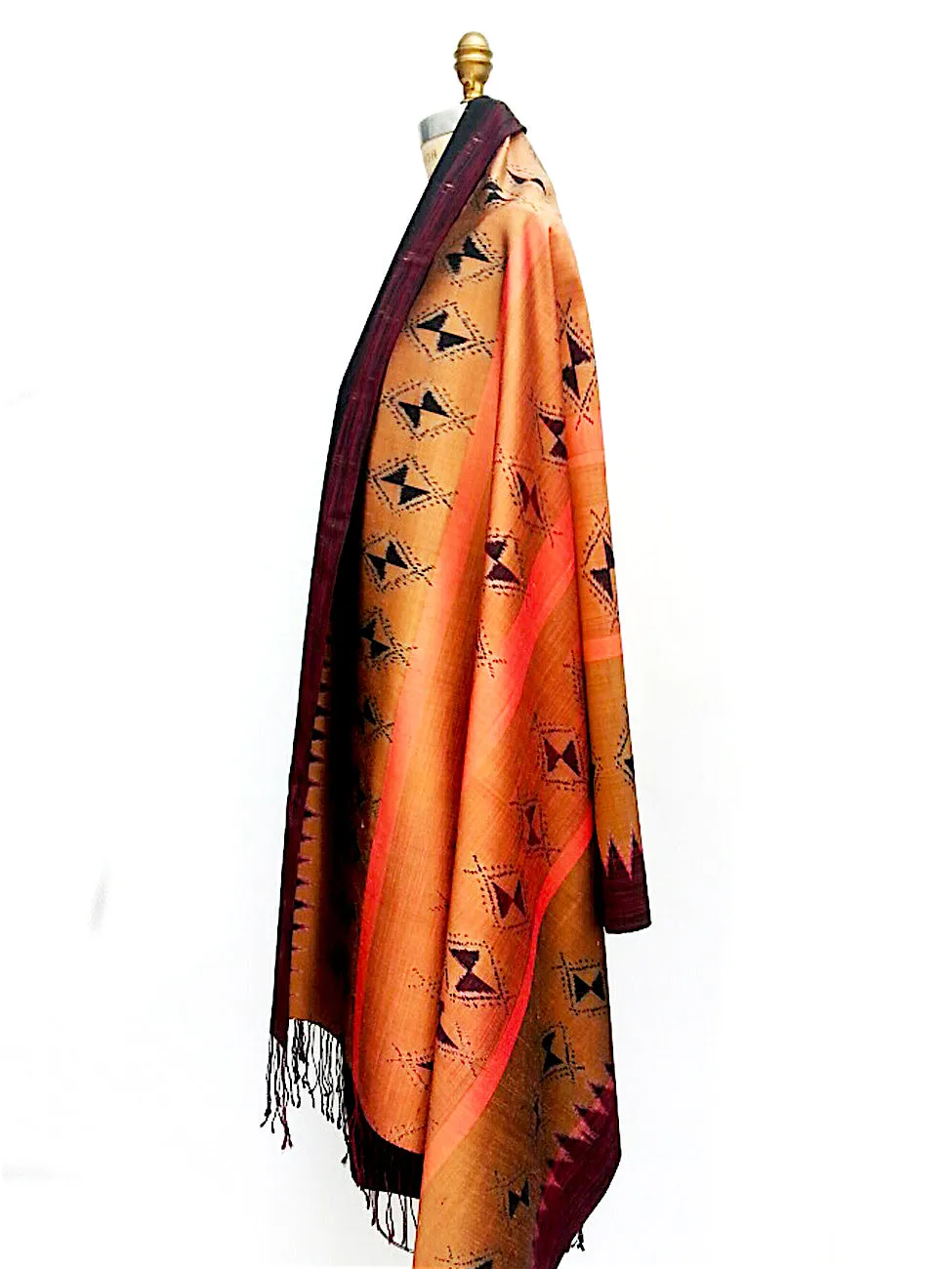 Large Silk Ikat Shawl Throw Terracotta Eggplant