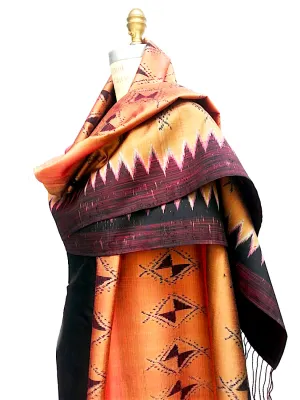 Large Silk Ikat Shawl Throw Terracotta Eggplant