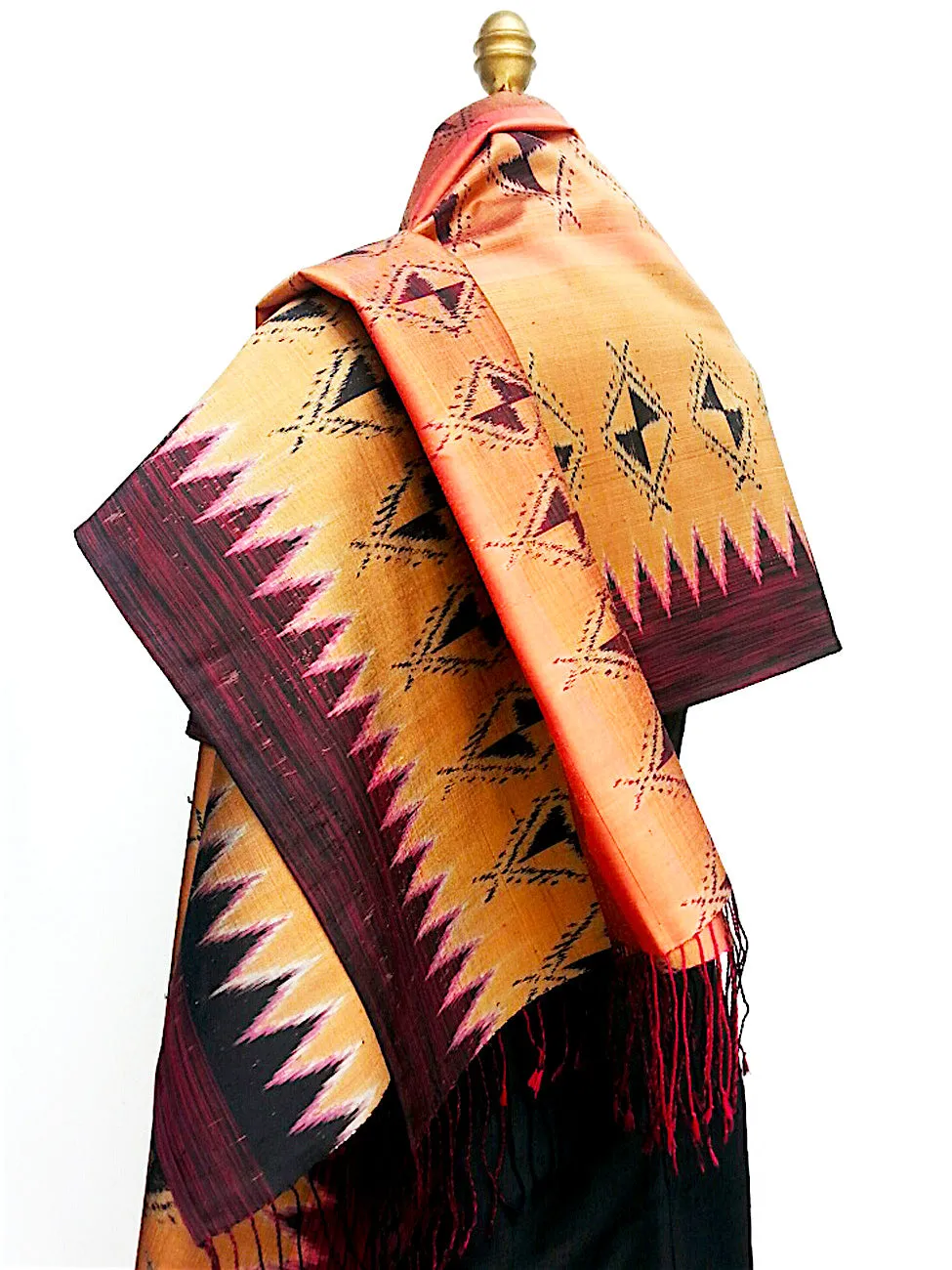 Large Silk Ikat Shawl Throw Terracotta Eggplant