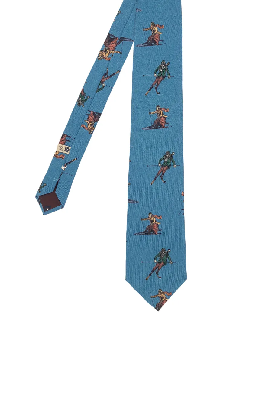 Light blue silk tie with retro skiers printed