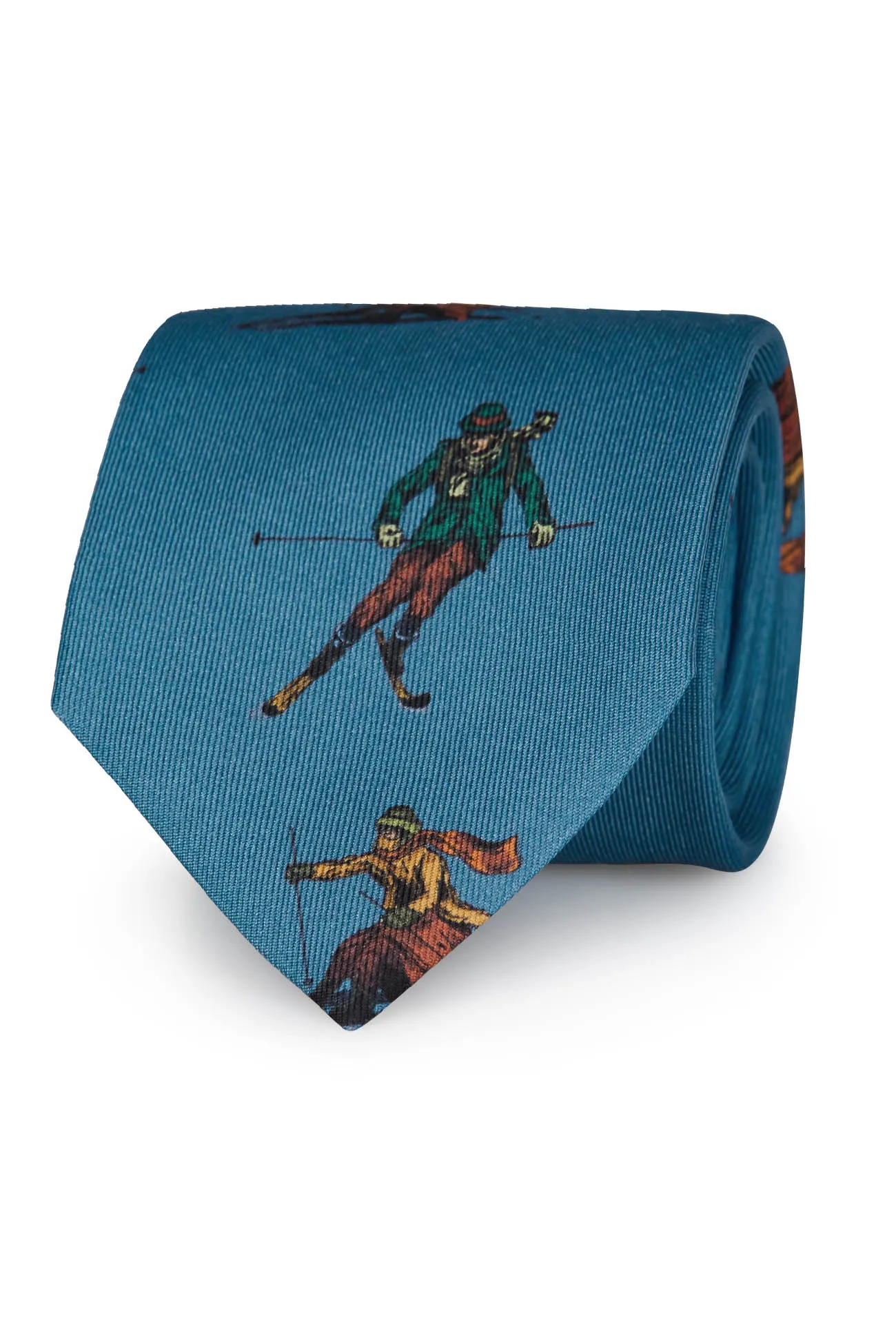 Light blue silk tie with retro skiers printed