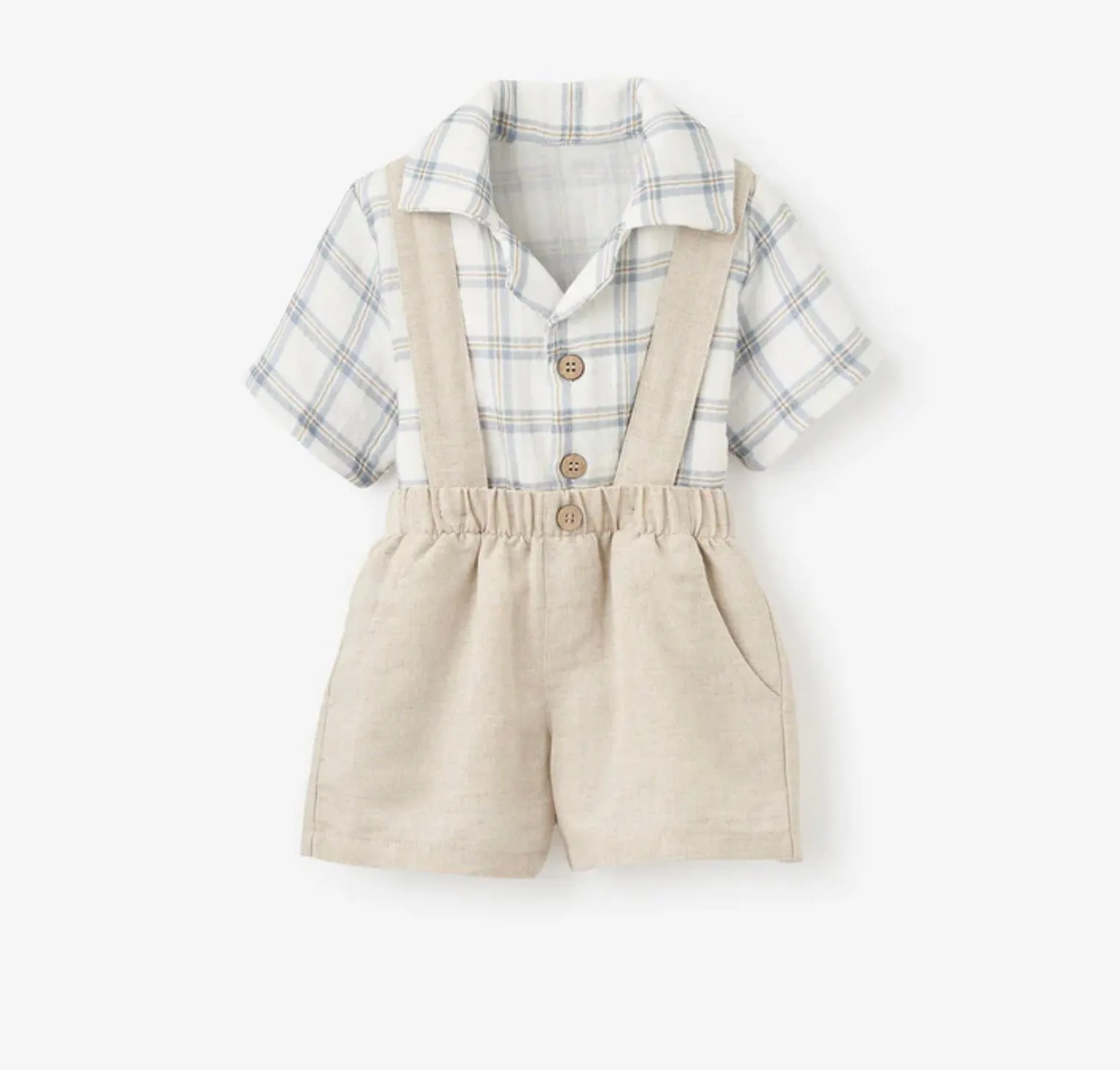 Linen Suspender Shorts & Plaid Organic Shirt by Elegant Baby