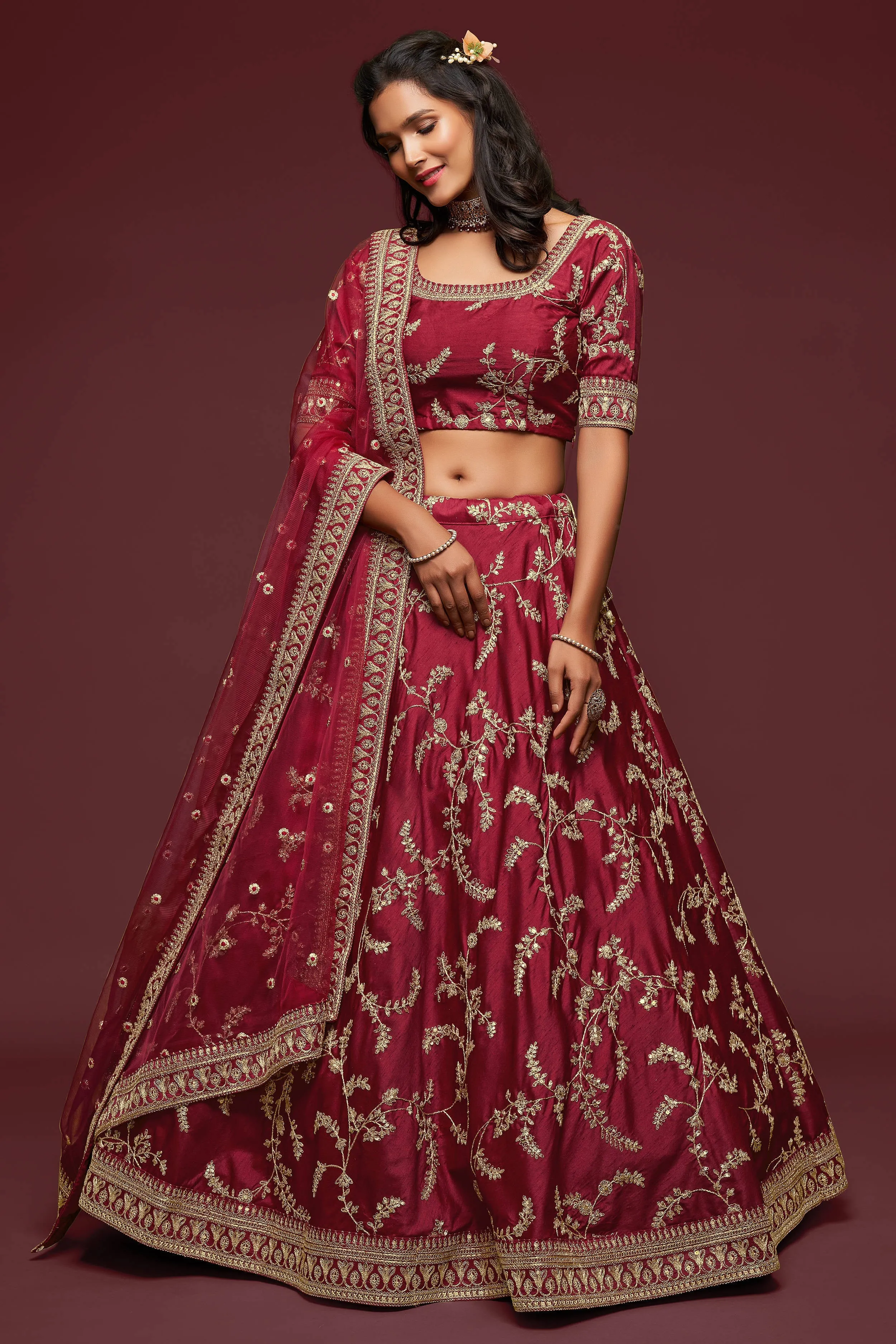 Lovely Maroon Thread Embroidered Silk Wedding Wear Lehenga Choli