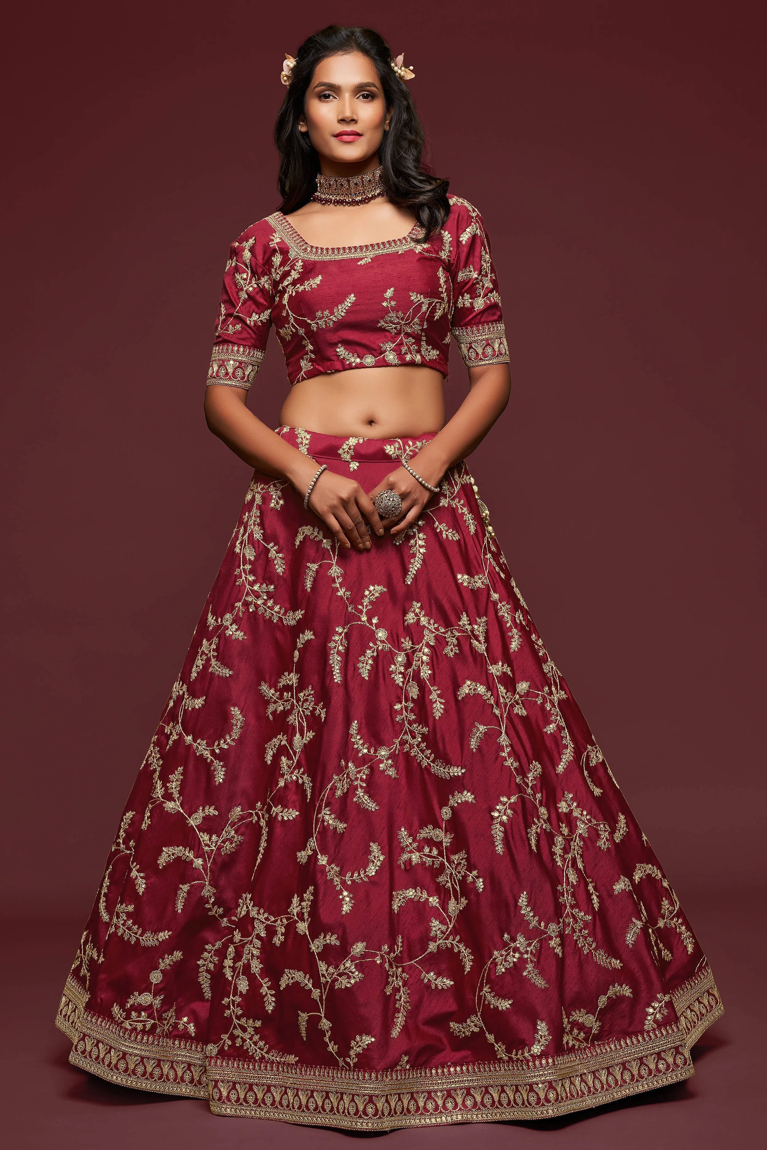 Lovely Maroon Thread Embroidered Silk Wedding Wear Lehenga Choli