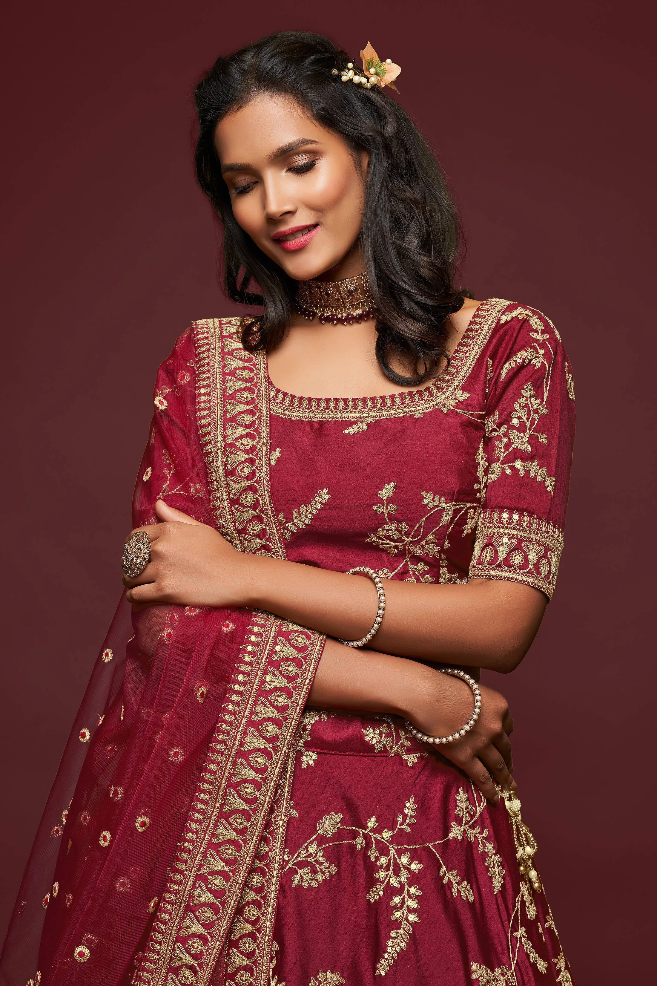 Lovely Maroon Thread Embroidered Silk Wedding Wear Lehenga Choli