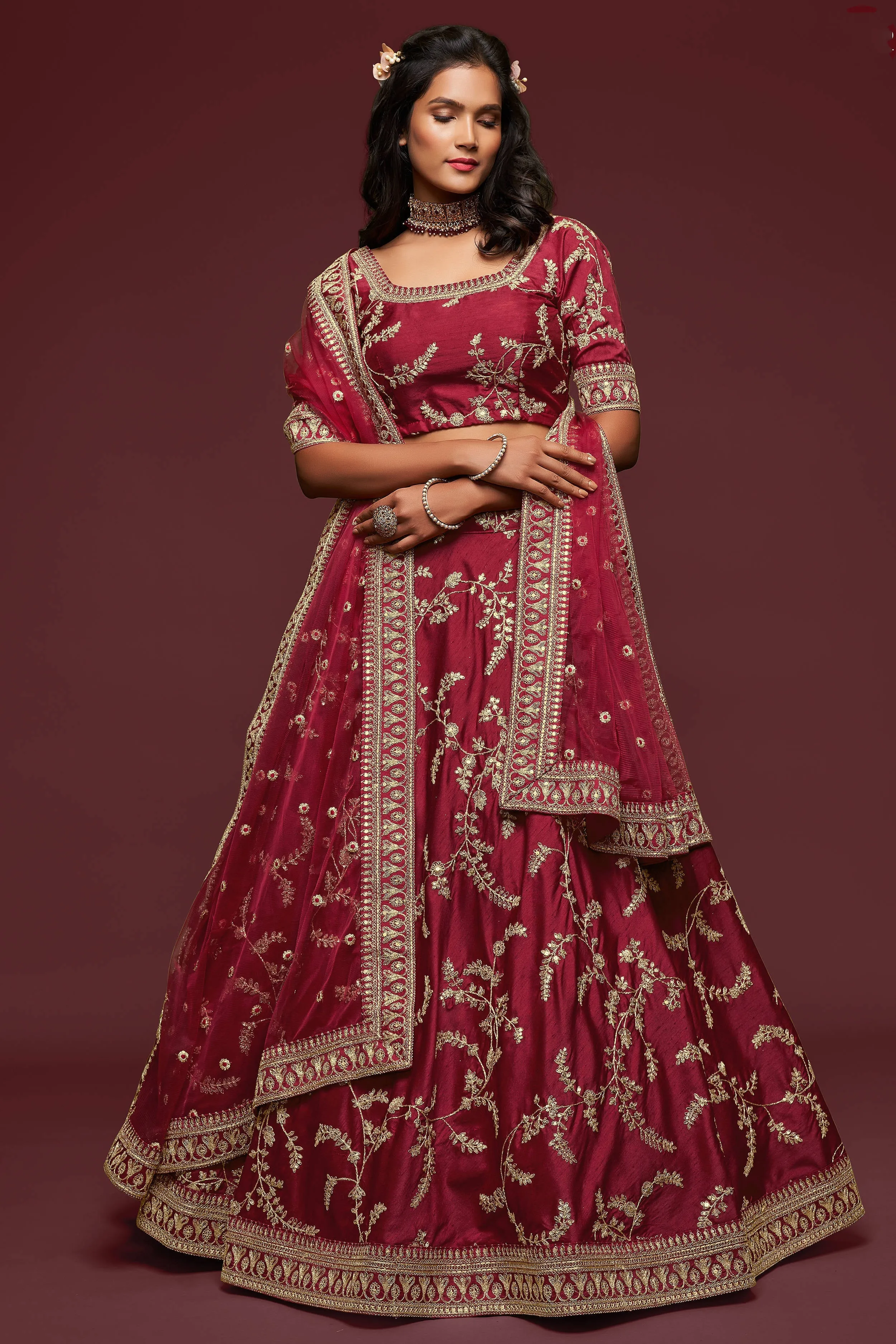 Lovely Maroon Thread Embroidered Silk Wedding Wear Lehenga Choli