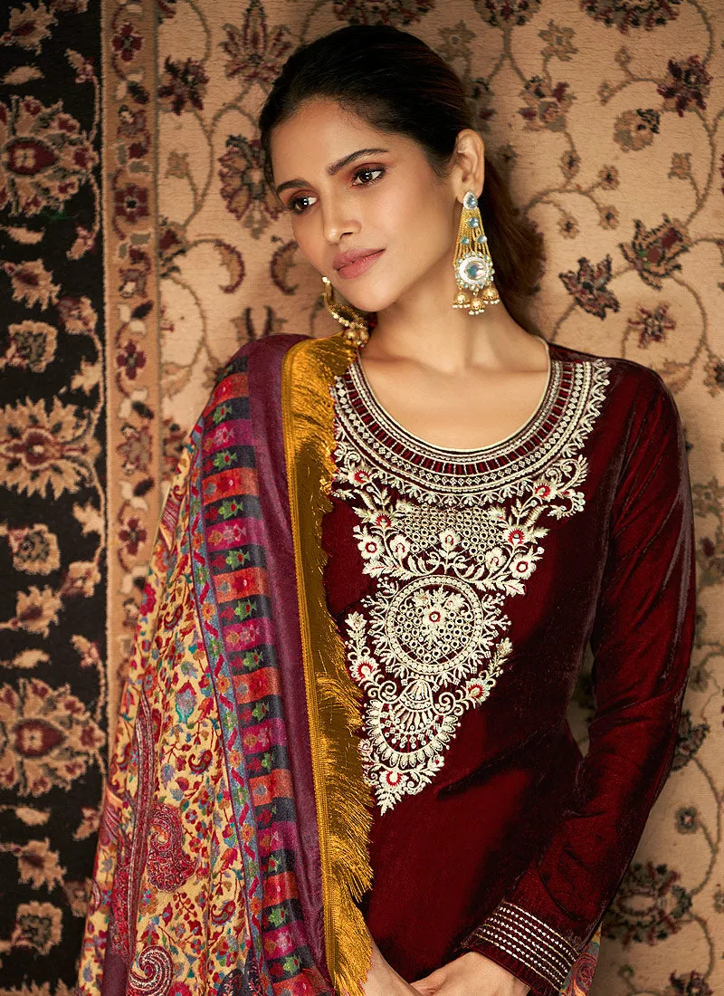 Maroon And Yellow Velvet Pakistani Suit