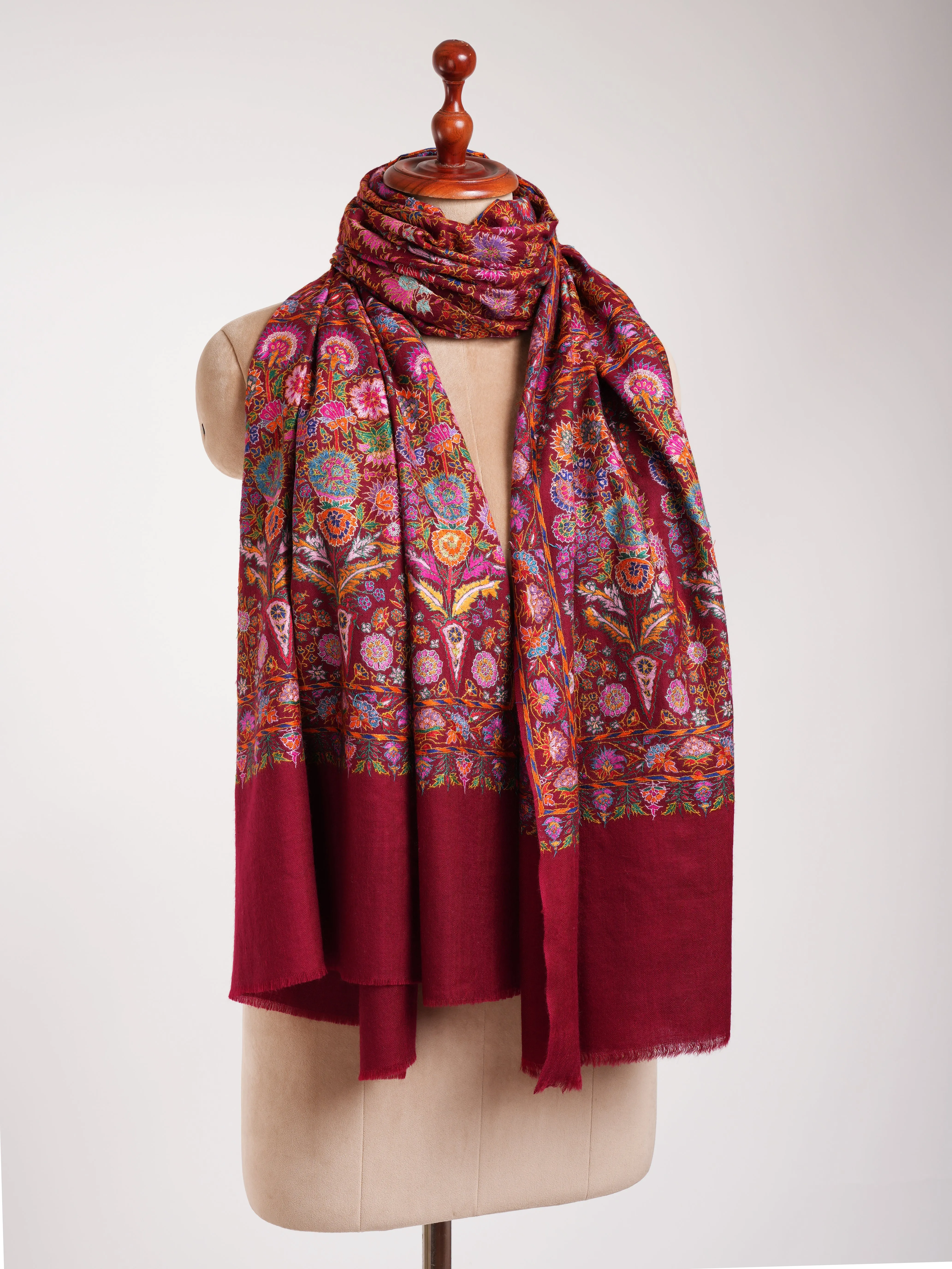 Maroon Hand Embroidered Pashmina Exclusive Jamavar Shawl