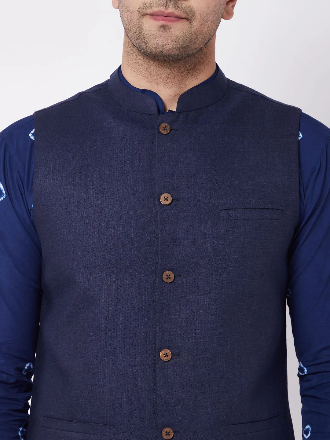 Men's Blue And White Pure Cotton Jacket, Kurta And Pyjama Set - Vastramay