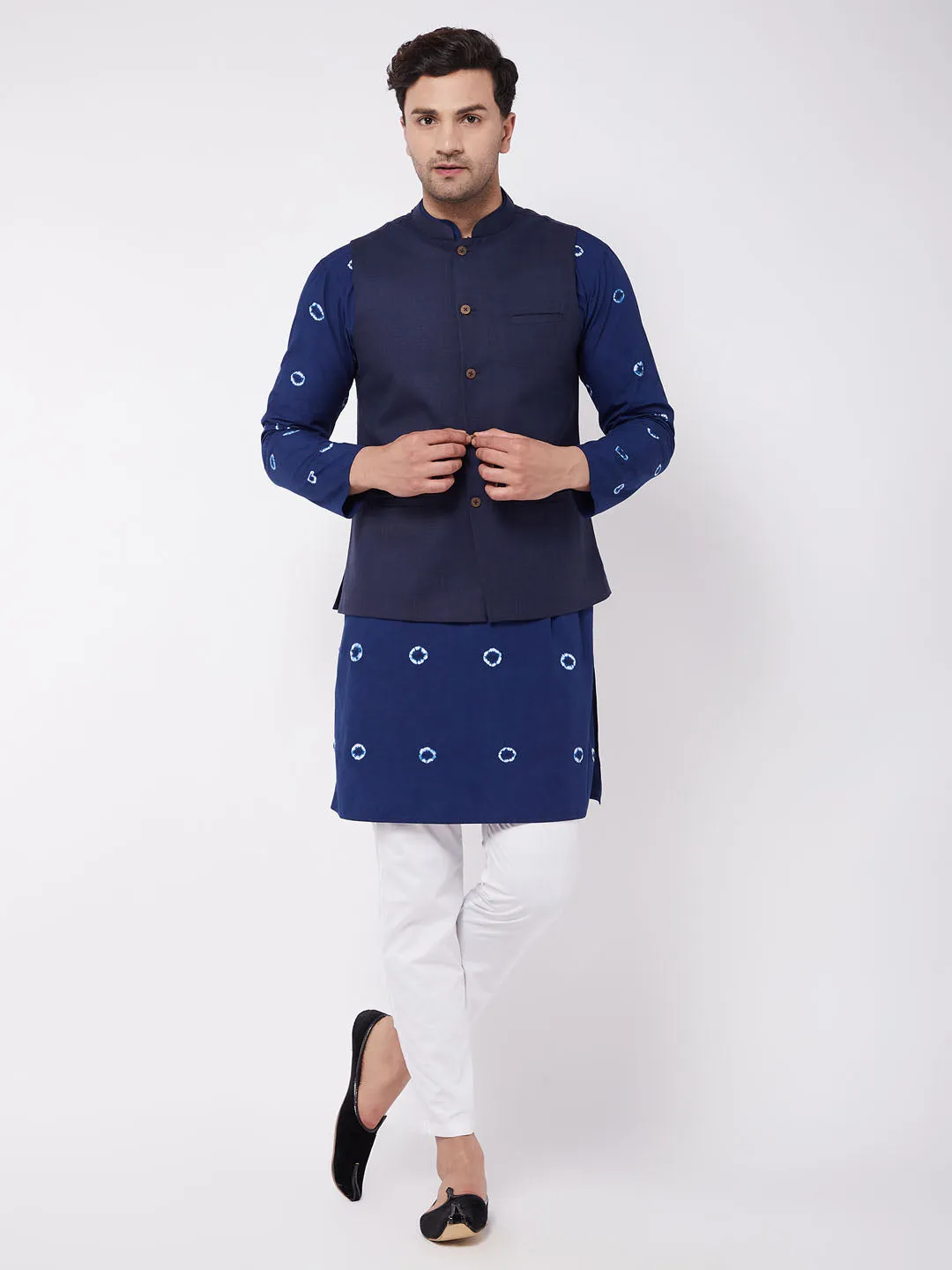 Men's Blue And White Pure Cotton Jacket, Kurta And Pyjama Set - Vastramay