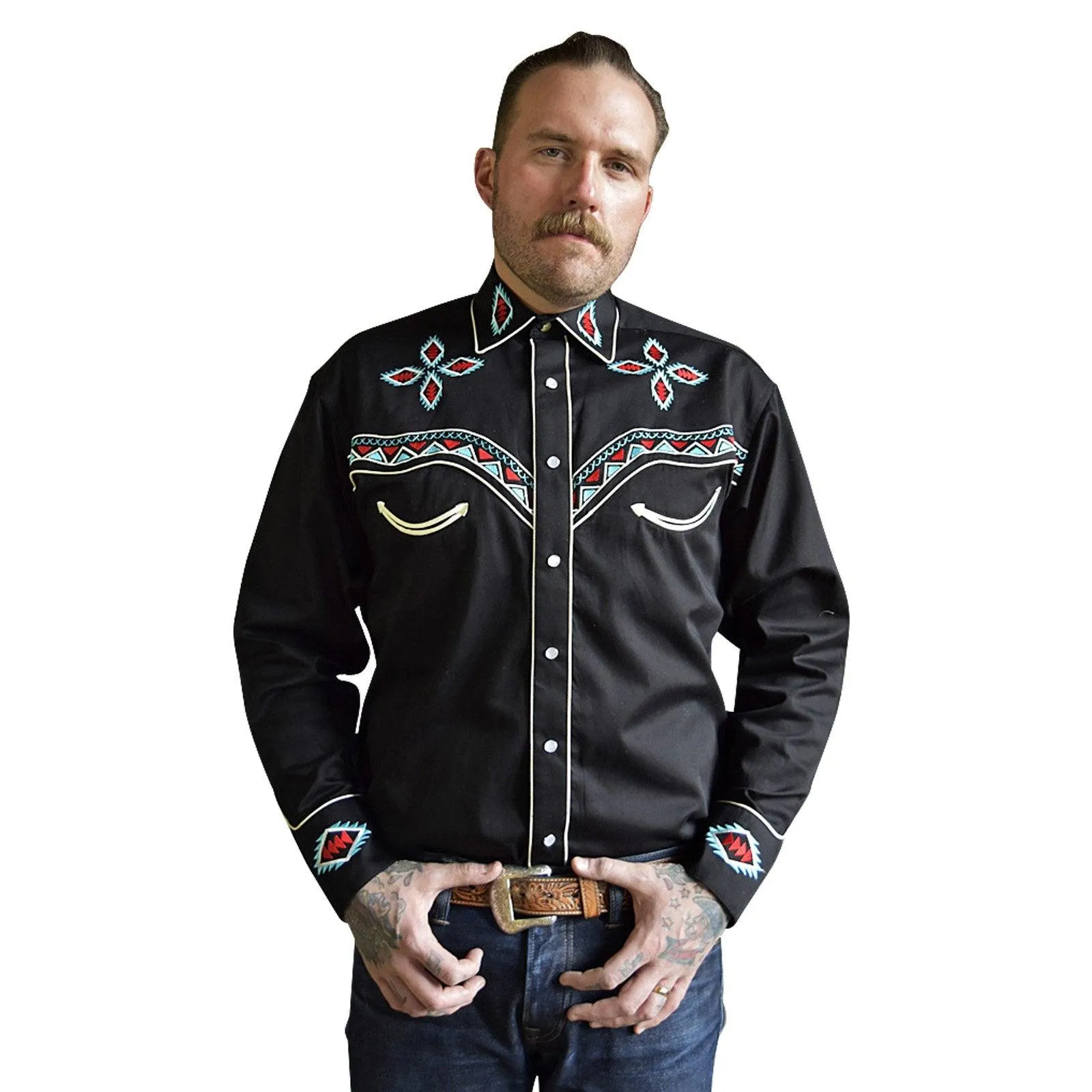 Men's Native Pattern Embroidery Black Western Shirt