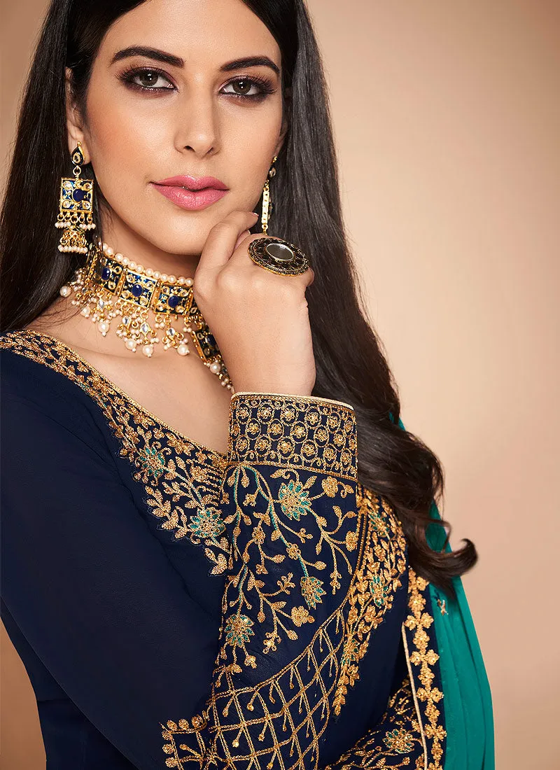 Navy Blue And Turquoise Multi Embroidered Churidar Suit