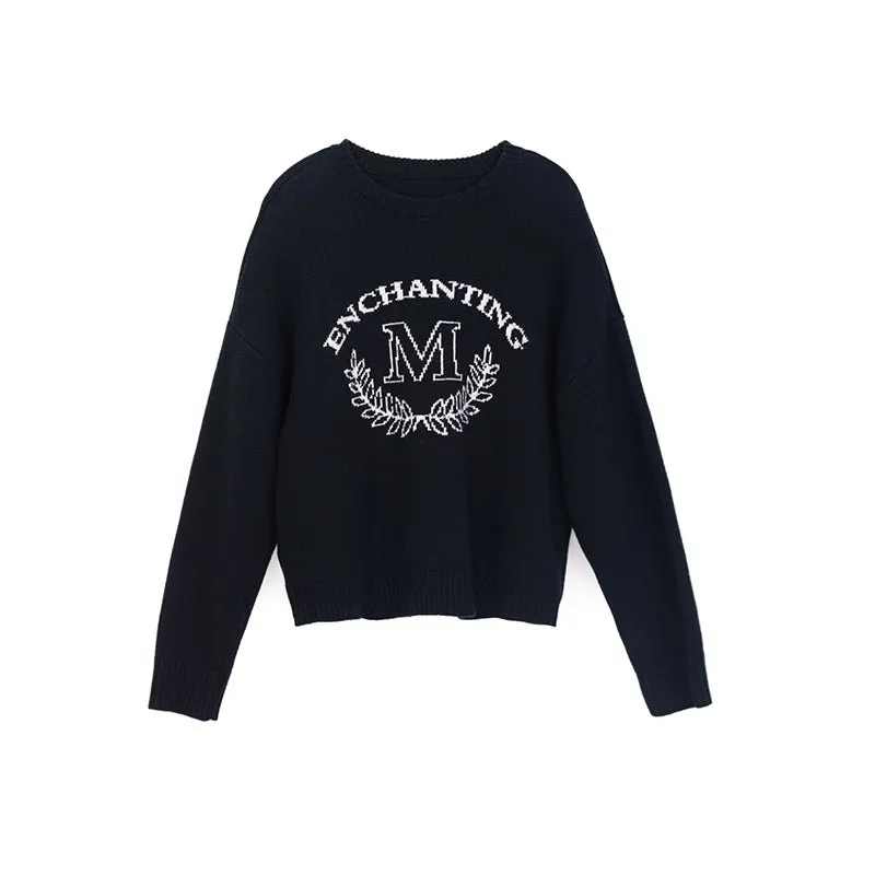 Navy Blue M Pattern Wool Sweater