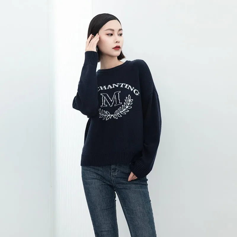 Navy Blue M Pattern Wool Sweater