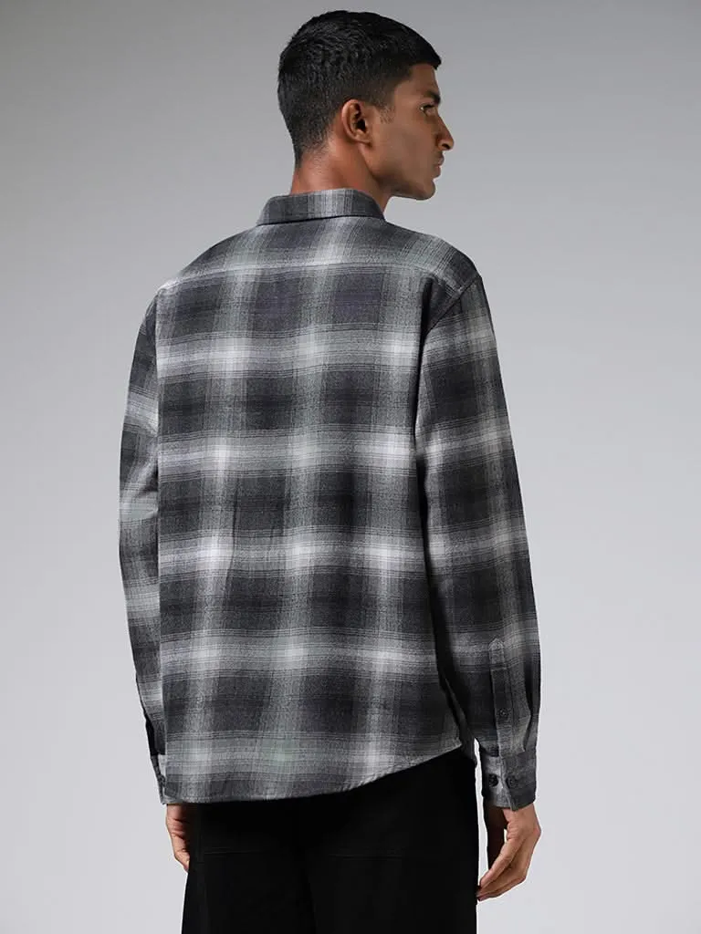 Nuon Dark Grey Plaid Checked Cotton Relaxed-Fit Shirt