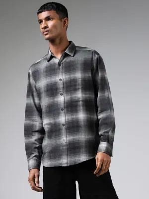 Nuon Dark Grey Plaid Checked Cotton Relaxed-Fit Shirt