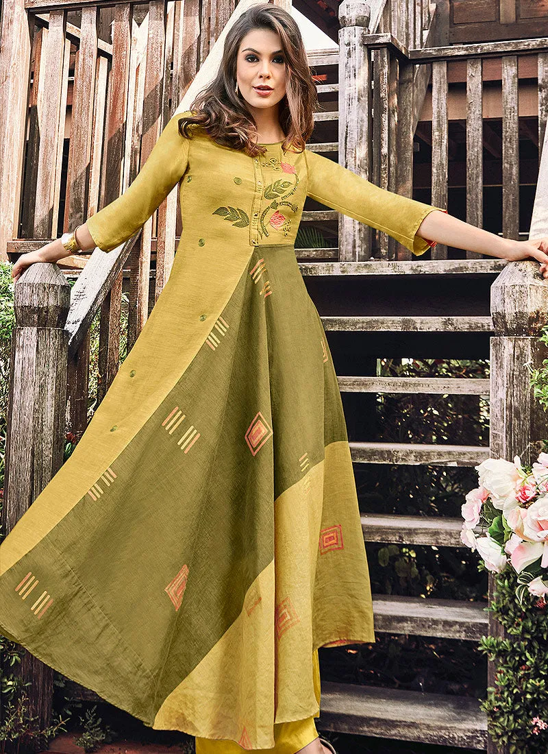 Ochre Yellow Printed And Embroidered Kurti