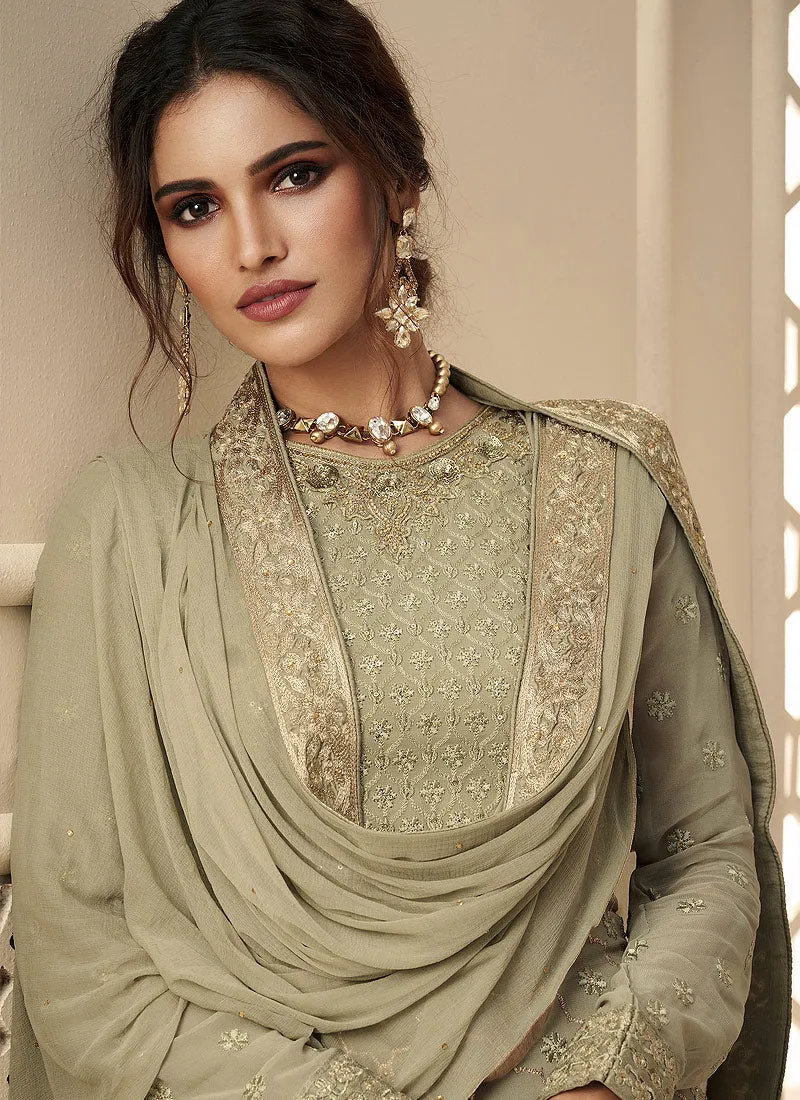 Olive Green Rehsamkari Embroidered Designer Palazzo Suit