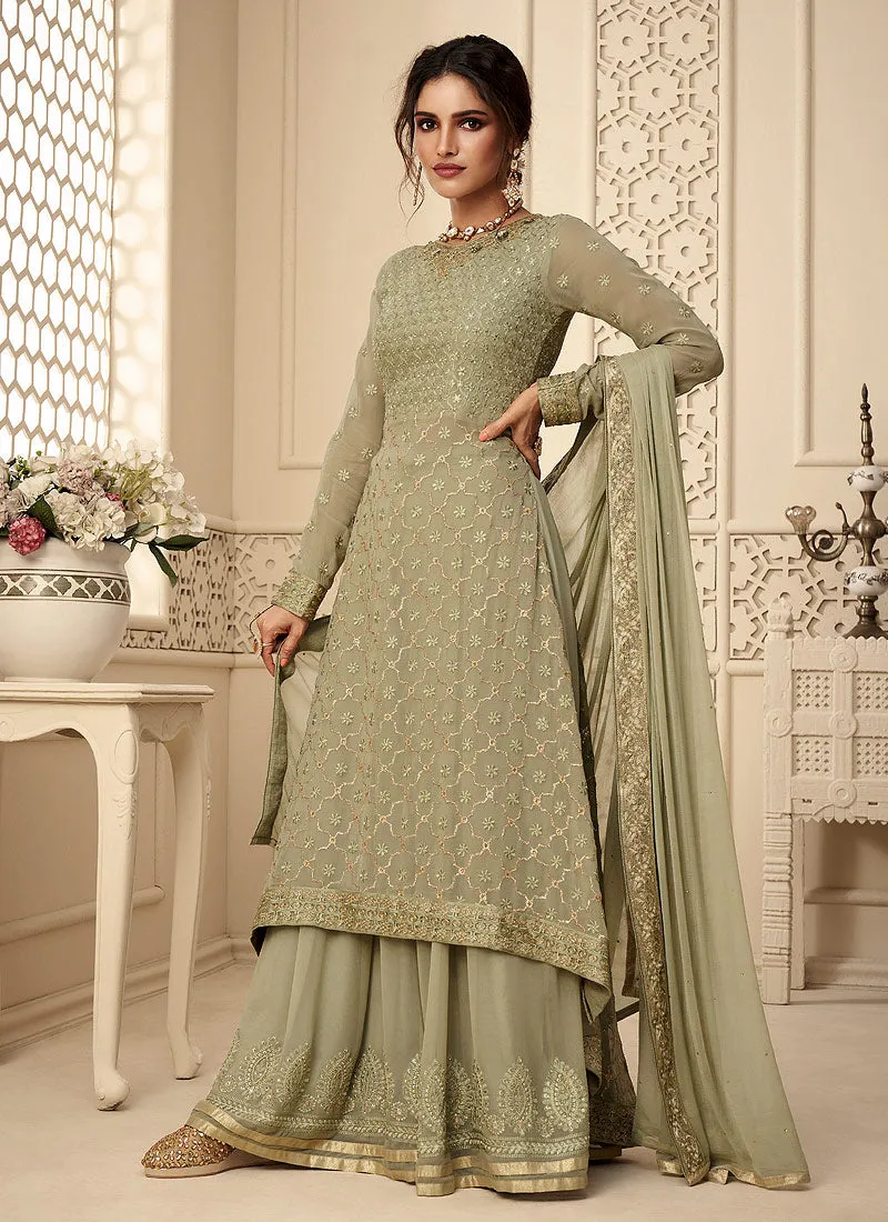 Olive Green Rehsamkari Embroidered Designer Palazzo Suit